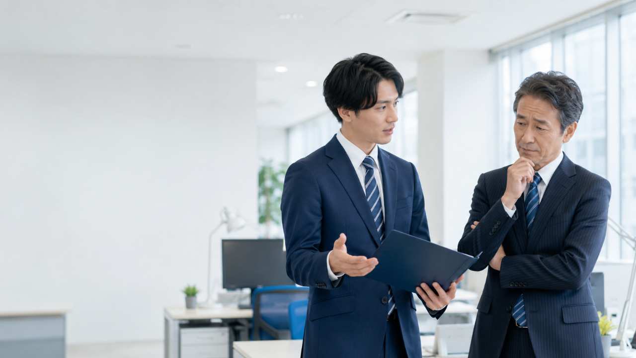 年下の先輩社員から仕事の説明を受けながら、少し困った表情を浮かべる年上の後輩社員