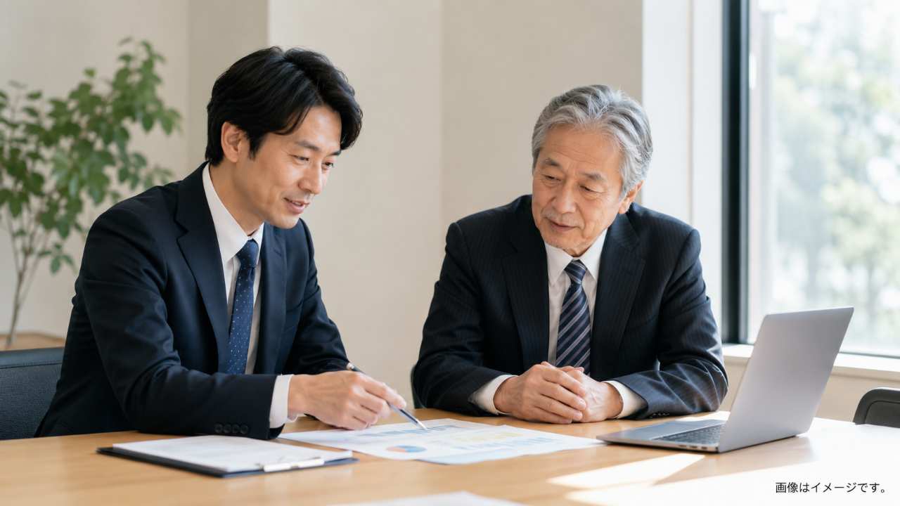 年下の先輩社員と年上の後輩社員が穏やかに仕事の優先順位を確認している場面