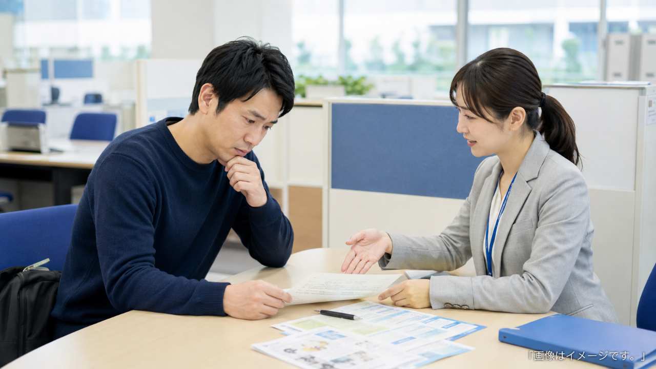 日本のハローワークを連想させる清潔な公共相談窓口で、失業認定申告書を前に不安そうに内容を確認する30代の求職者と、落ち着いて説明する相談員