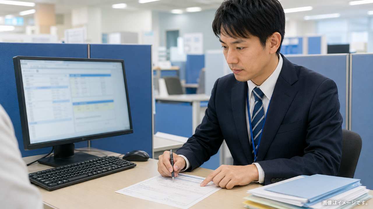 公共職業安定所の相談デスクで、相談員がパソコン上の記録と紙の申告書を照合している場面